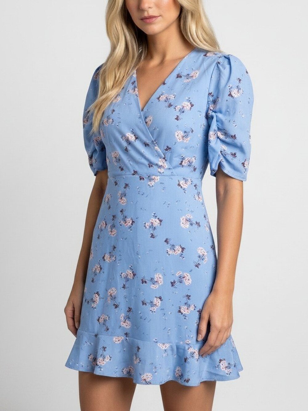 Melissa Paige Petite Floral Dress Women's PS Blue White Brown Surplice Ruffle
